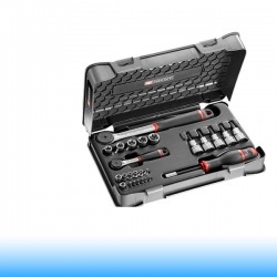 FACOM Bit- és dugókulcs készlet nagy teljesítményű racsnikkal, 1/4"-1/2", 6 pontos, metrikus méretek - 26 db-os