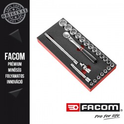 FACOM Dugókulcs készlet modulban karbantartásmentes irányváltós racsnival, 6 pontos, 1/2", metrikus méretek - 23 db-os