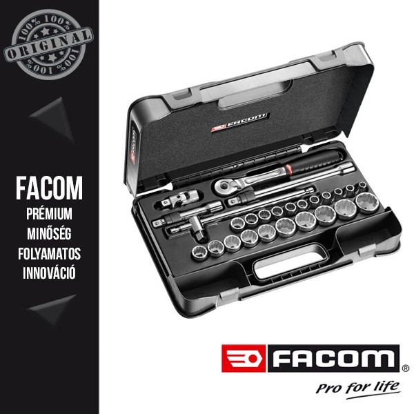 FACOM 1/2" Dugókulcs készlet irányváltós zárható racsnival, 12 lapú, 8-32mm, 26db-os