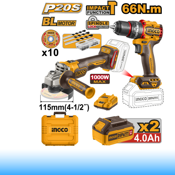 INGCO Akkus erőcsomag 20 V, sarokcsiszoló+fúrógép